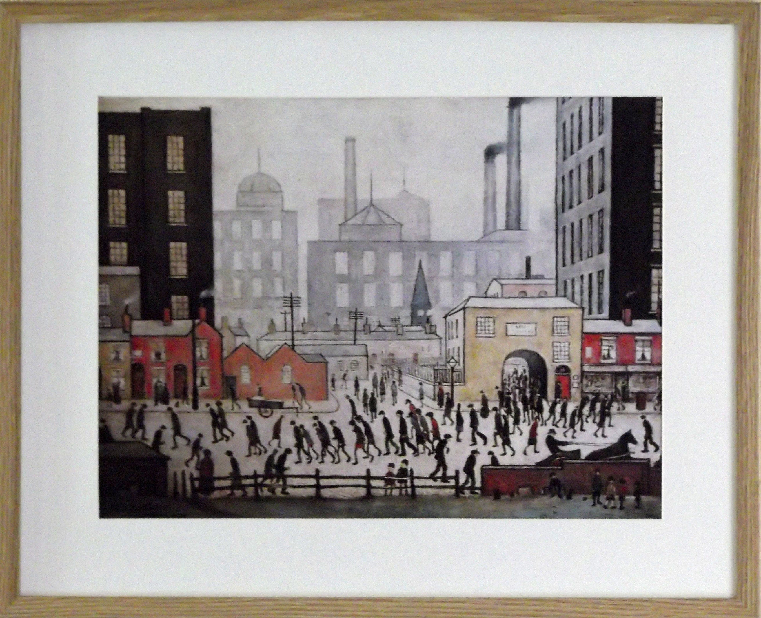 L S Lowry Art Print - Coming from the Mill - Light Oak Finish Frame with White mount and Textured Image