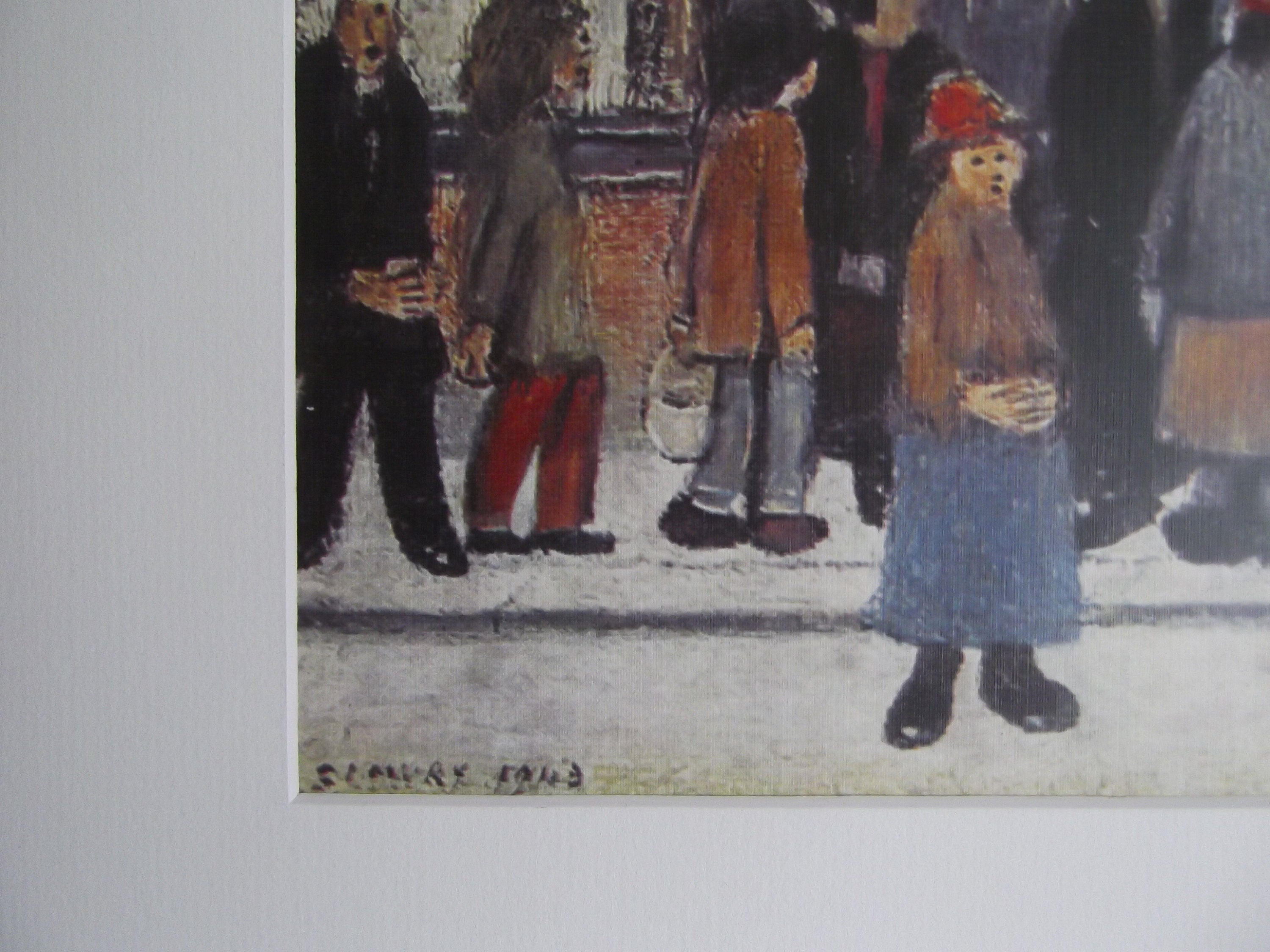 L S Lowry AUTHENTIC Art Print - Waiting For The Shop To Open - Satin Black Frame with White Mount and Textured Image