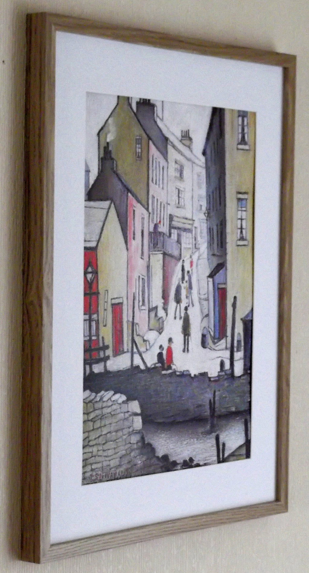 L S Lowry Art Print - Old Town River Scene - Light Oak Finish Frame with White mount and Textured Image