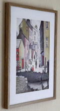 L S Lowry Art Print - Old Town River Scene - Light Oak Finish Frame with White mount and Textured Image