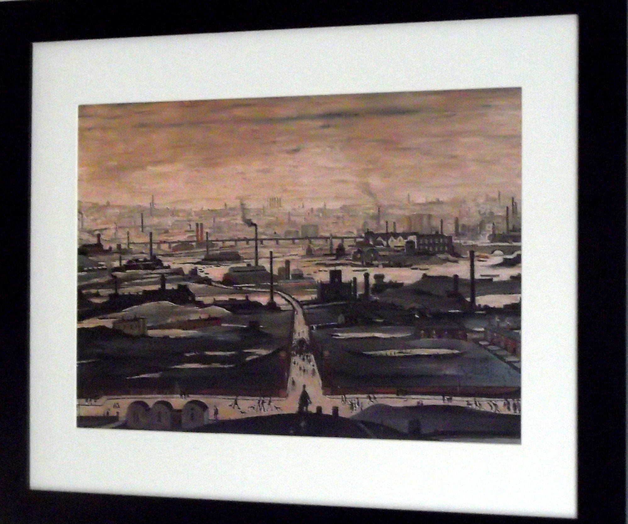 L S Lowry Art Print - INDUSTRIAL LANDSCAPE  - Satin Black Frame with White mount and Textured Image
