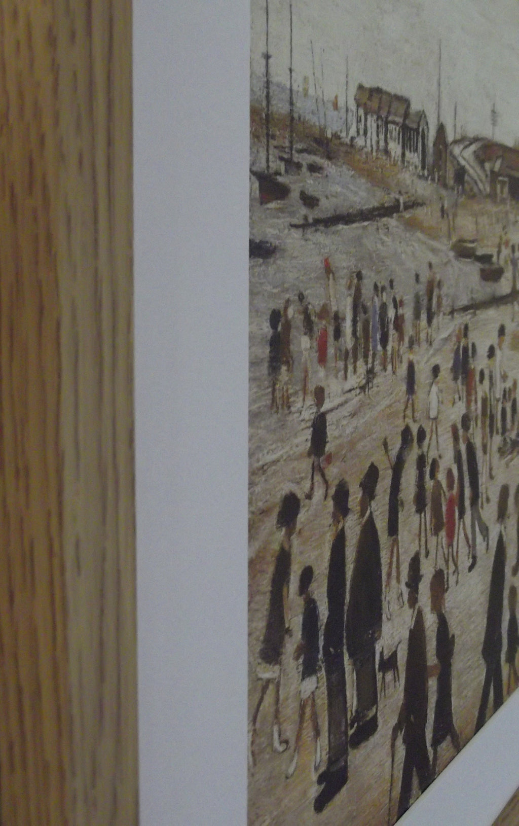L S Lowry Print – BEACH SCENE - Oak Finish Frame with Mount and Textured Image