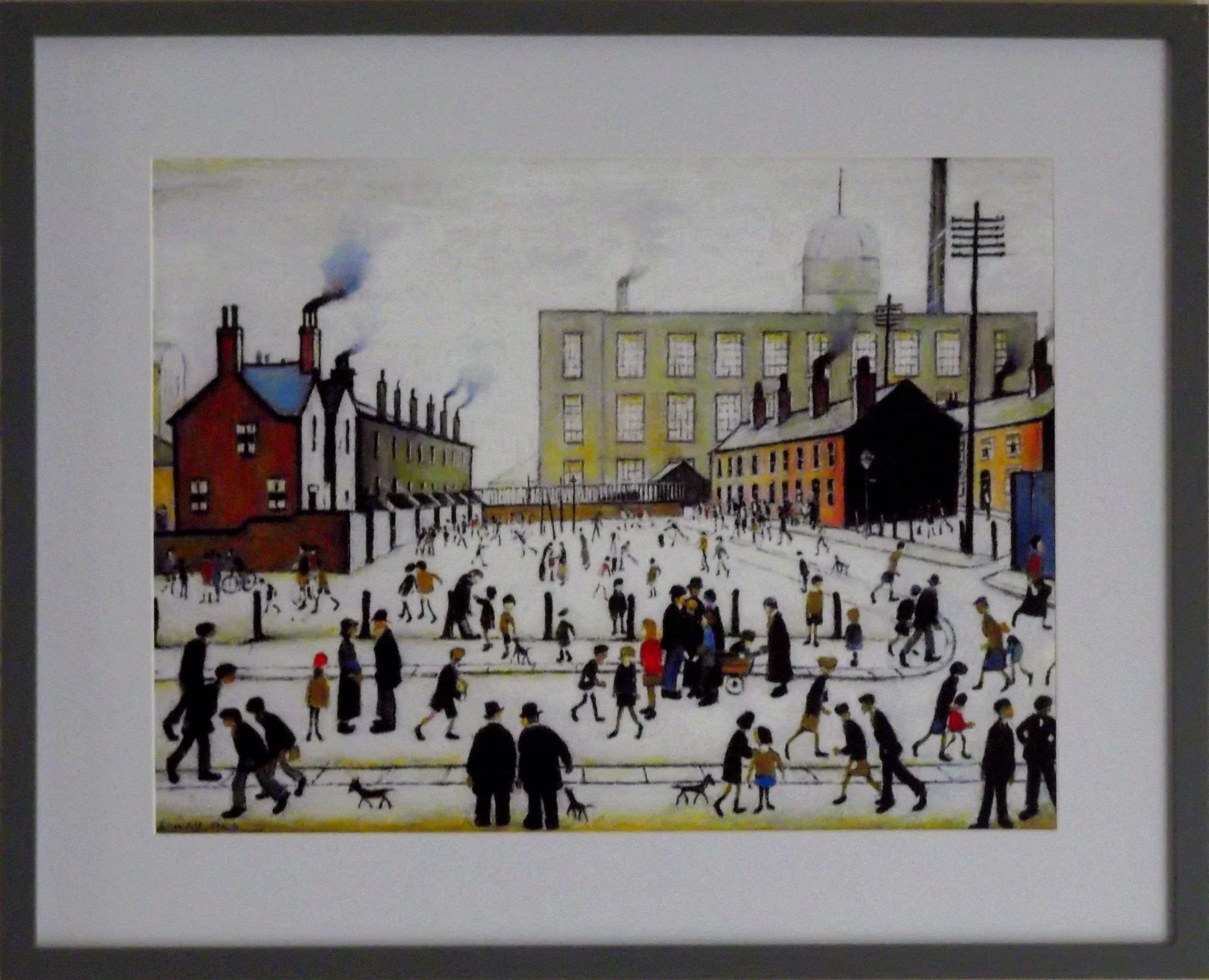 L S Lowry Print - Mill Scene With Figures - Grey Frame with Mount and Textured Image