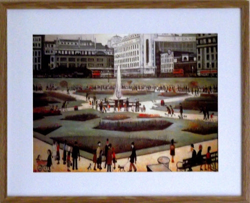 L S Lowry Art Print - Piccadilly Gardens - Light Oak Finish Frame with White mount and Textured Image