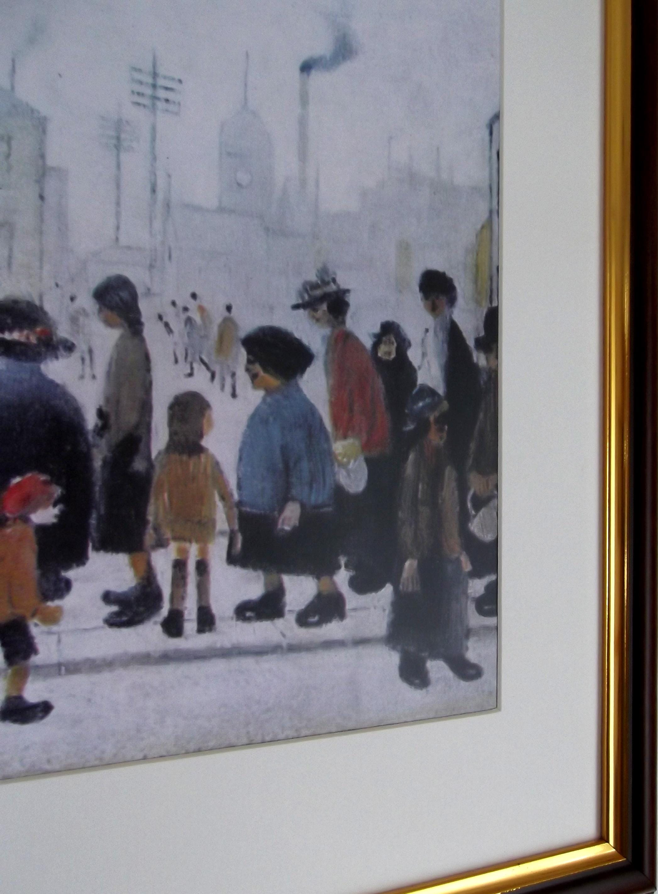 L S Lowry Print – Waiting for Shop to Open - Walnut Finish Frame with Mount and Textured Image