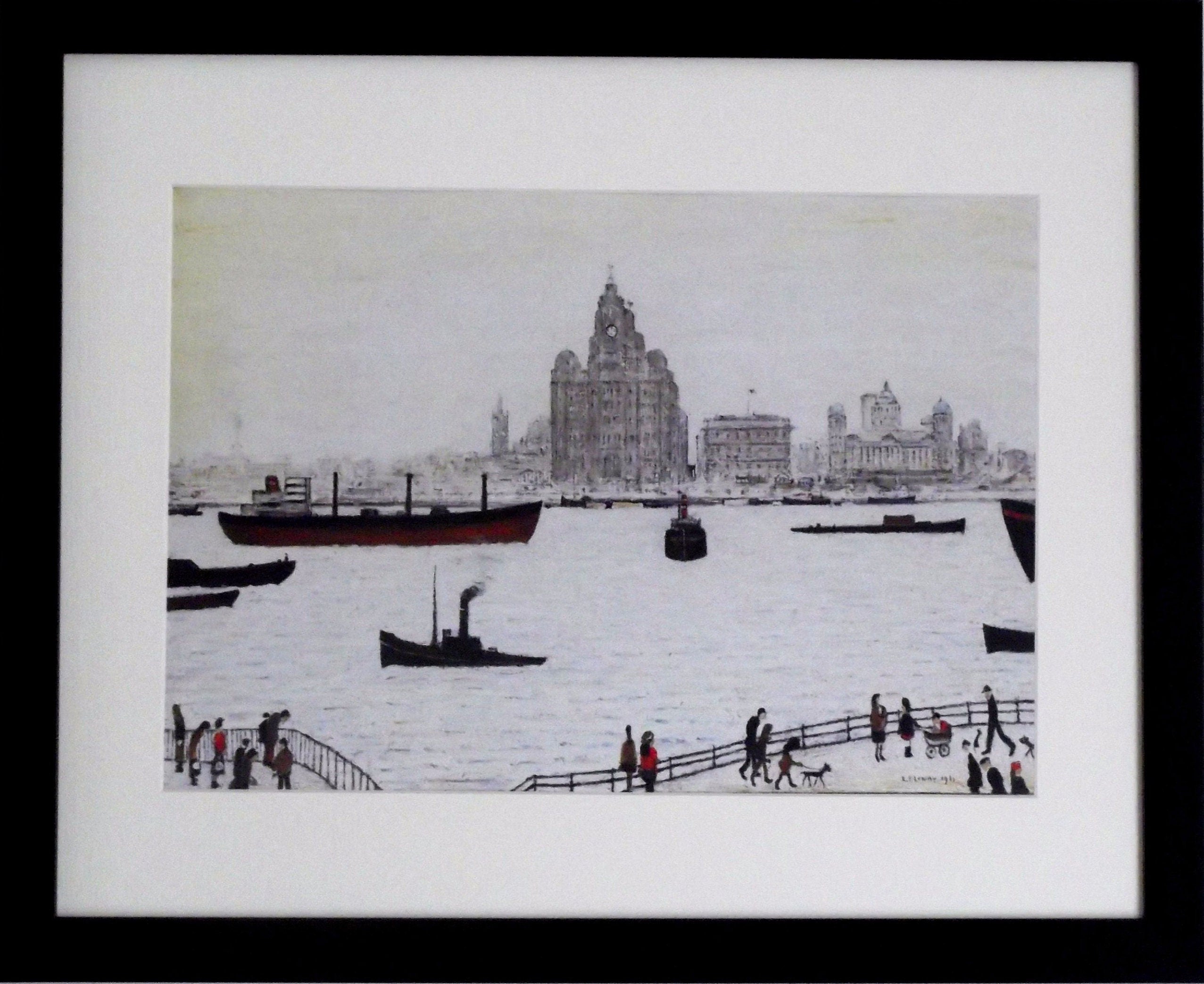 L S Lowry - Liver Building - Black Frame with Mount and textured Image