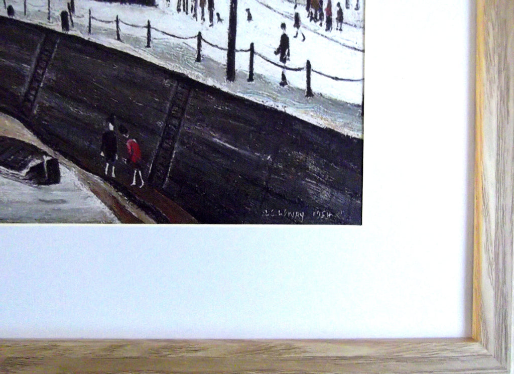 L S Lowry Print- On the Quay MARYPORT - Light Oak Finish Frame with Mount and Textured Image