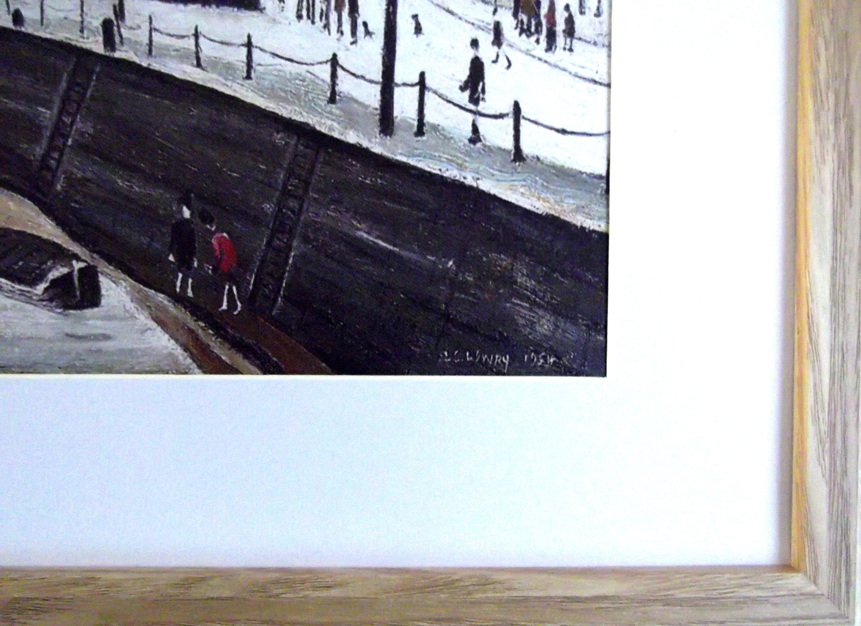L S Lowry Print- On the Quay MARYPORT - Light Oak Finish Frame with Mount and Textured Image