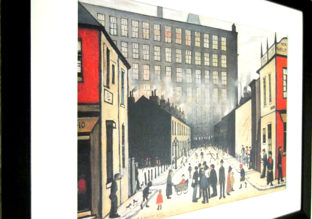 L S Lowry Art Print - Street Scene PENDLEBURY - Satin Black Frame with White mount and Textured Image