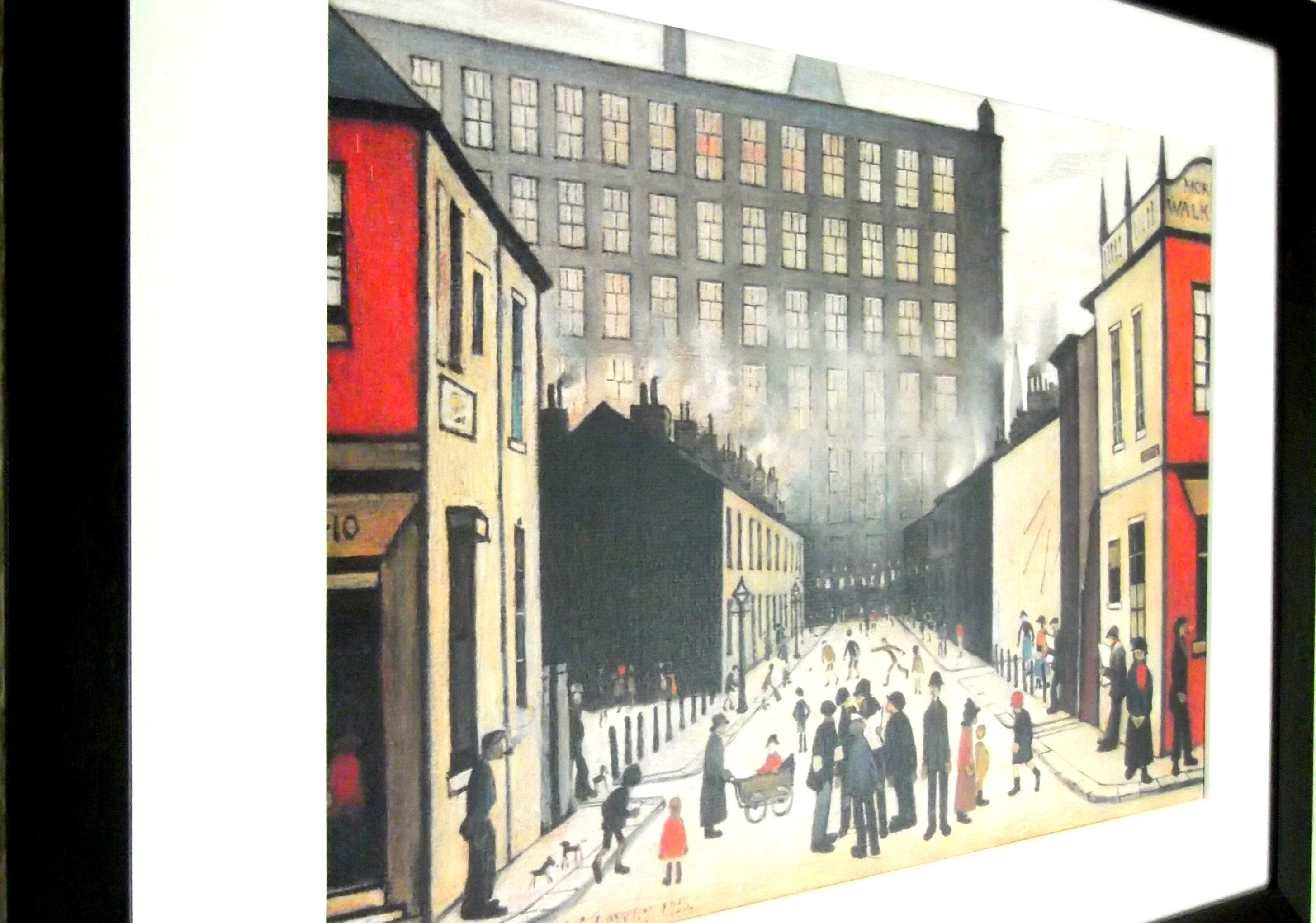 L S Lowry Art Print - Street Scene PENDLEBURY - Satin Black Frame with White mount and Textured Image