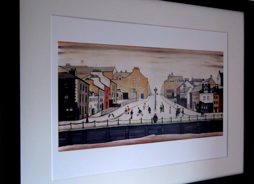 L S Lowry AUTHENTIC Art Print - Senhouse Street MARYPORT - Satin Black Frame with White mount and Textured Image