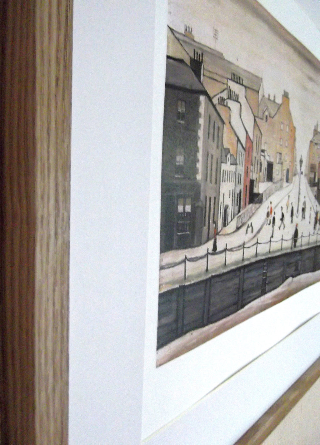L S Lowry Art Print - Senhouse Street MARYPORT - Light Oak Finish Frame with White mount and Textured Image