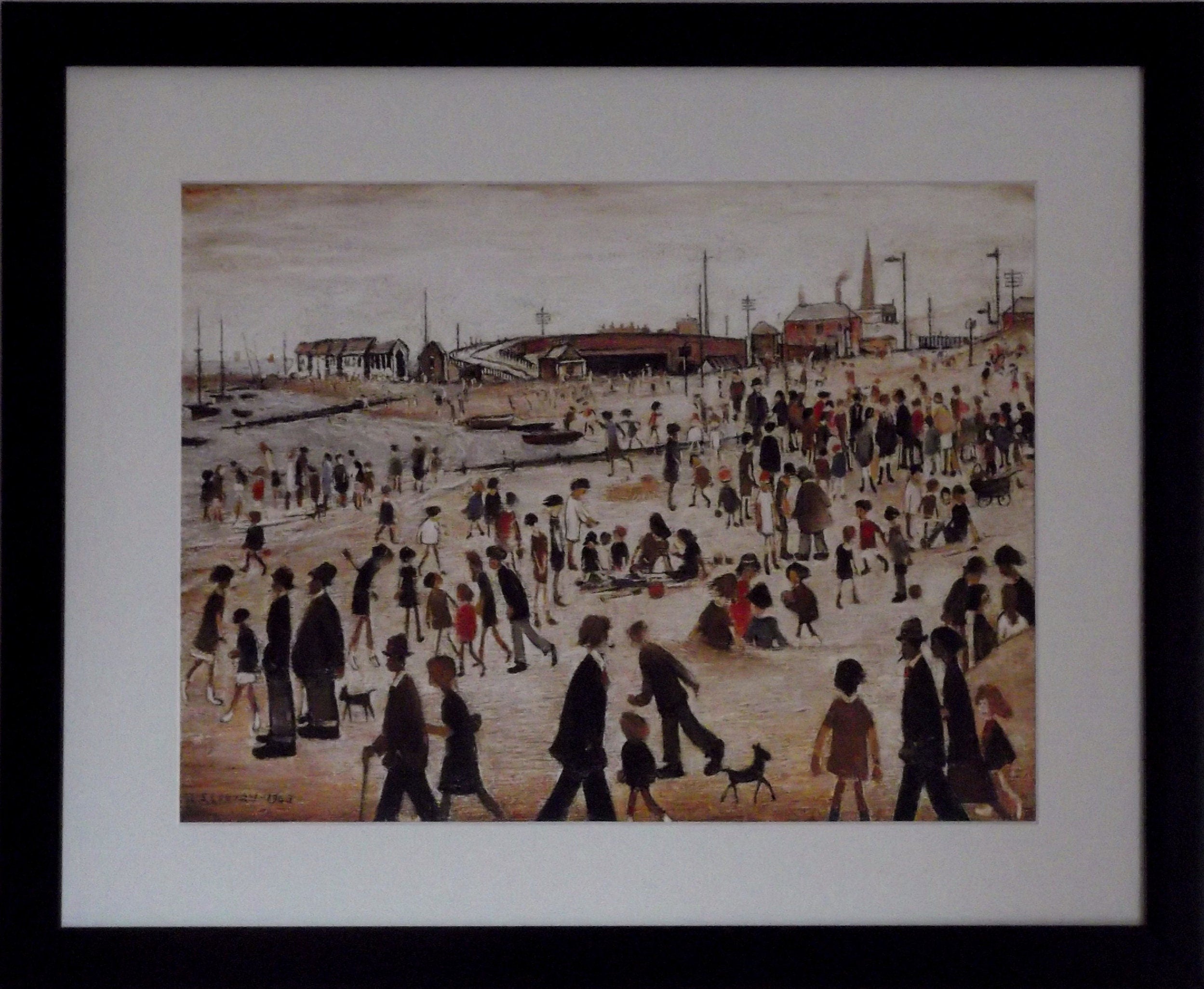 L S Lowry AUTHENTIC Print - Beach Scene - Black Frame with Mount and Textured Image