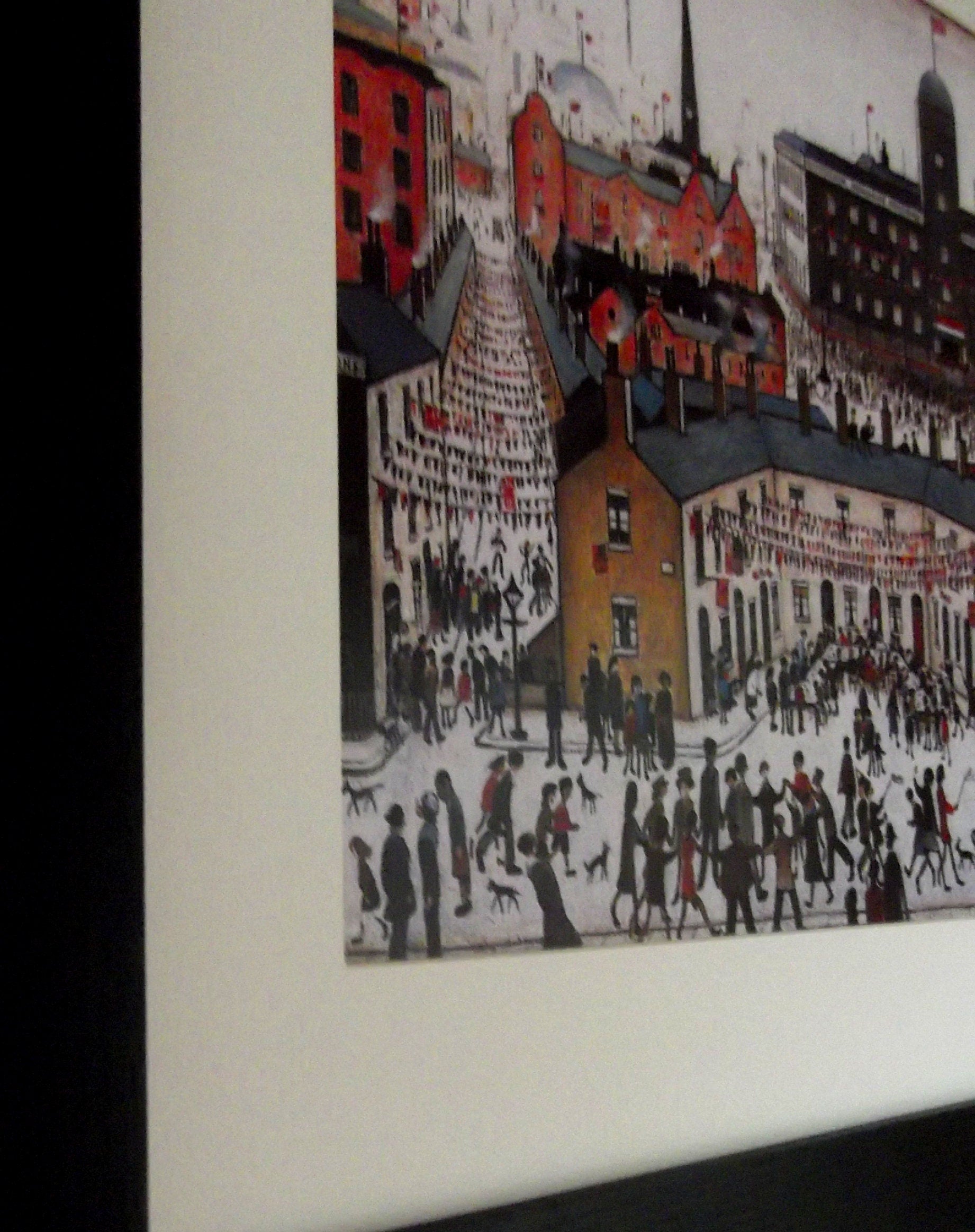 L S Lowry Print - V E DAY - Black Frame with Mount and Textured Art Paper
