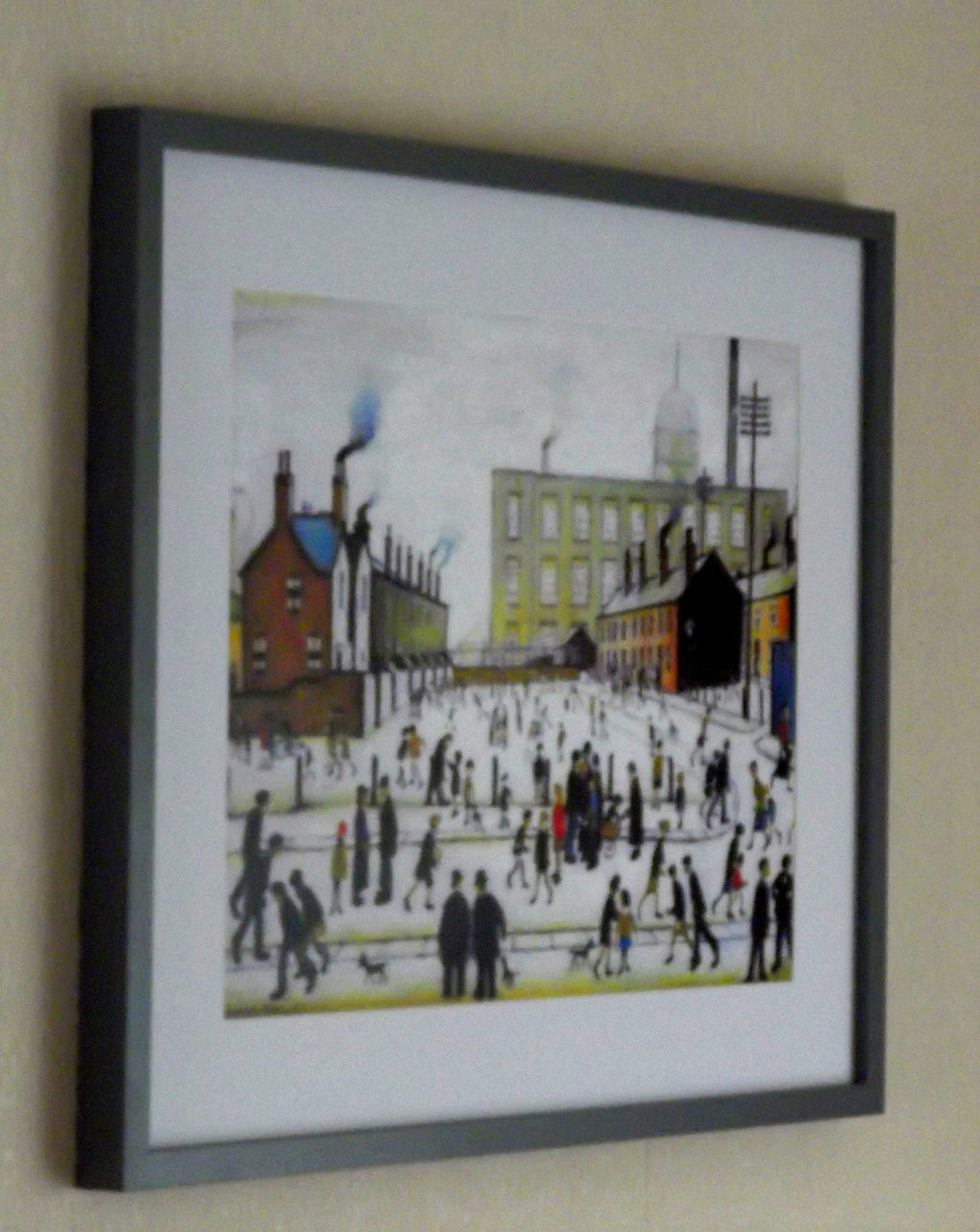L S Lowry Print - Mill Scene With Figures - Grey Frame with Mount and Textured Image