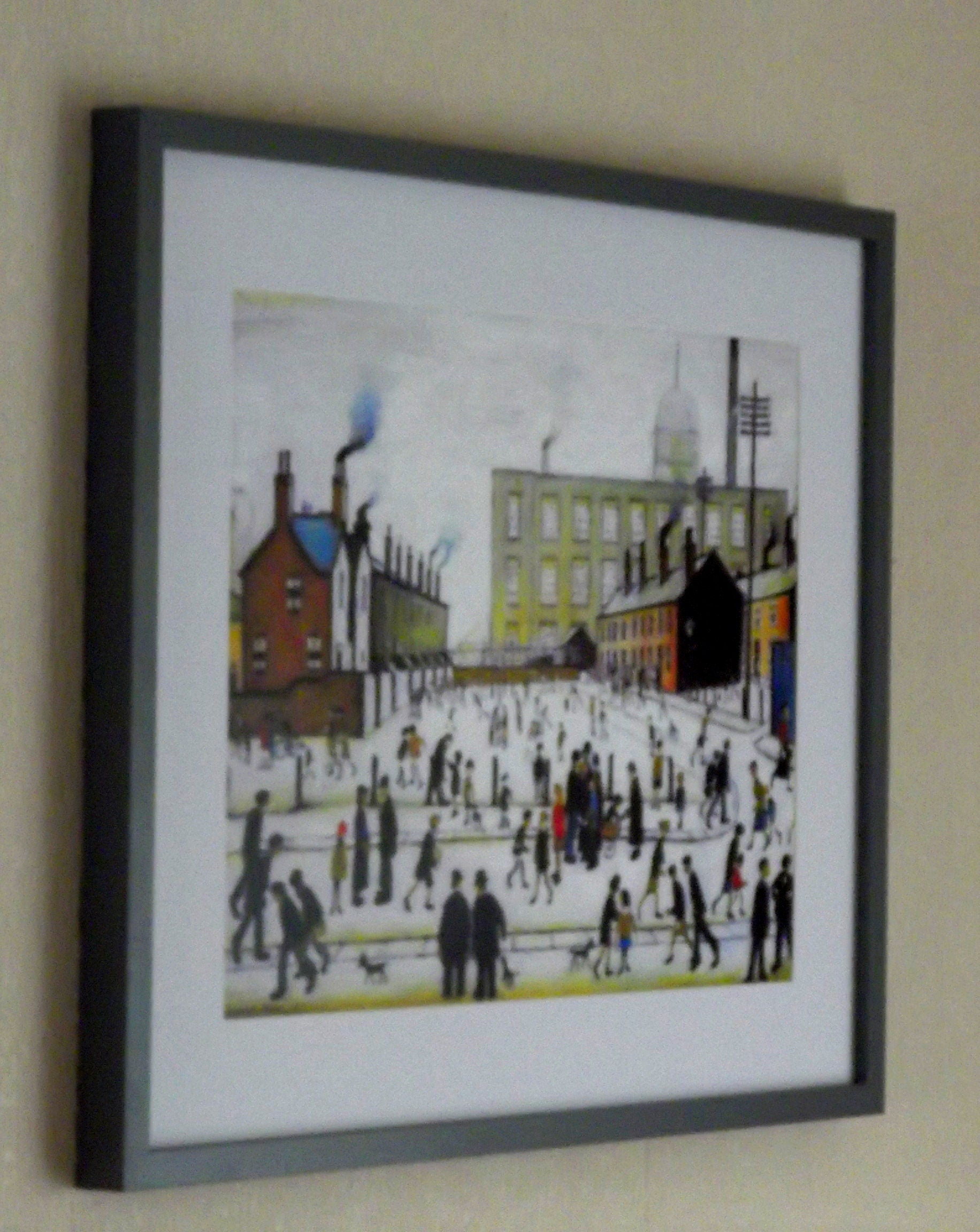L S Lowry Print - Mill Scene With Figures - Grey Frame with Mount and Textured Image