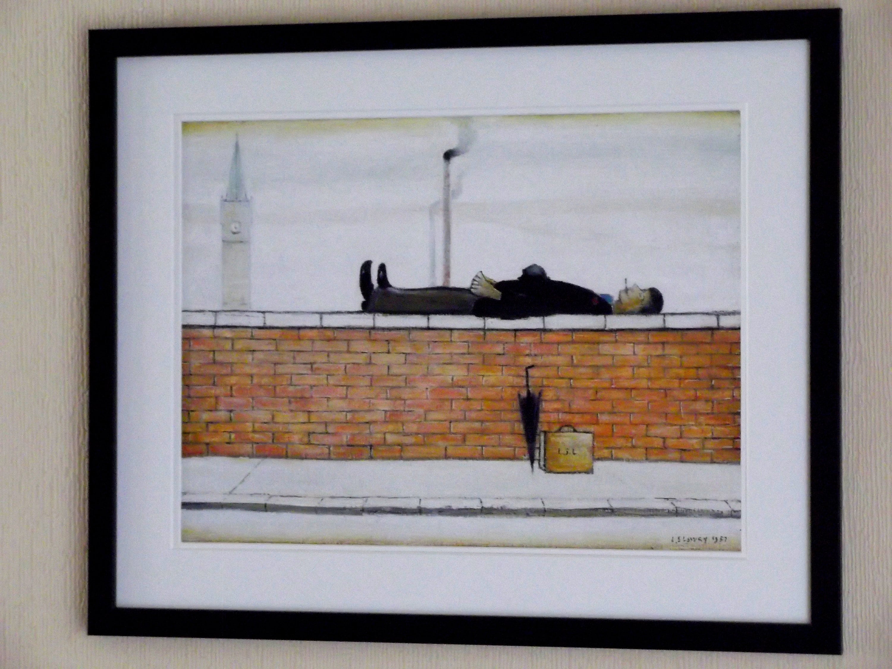 L.S. Lowry Print – Man on Wall - Black Frame with DOUBLE White Mount and Textured Image