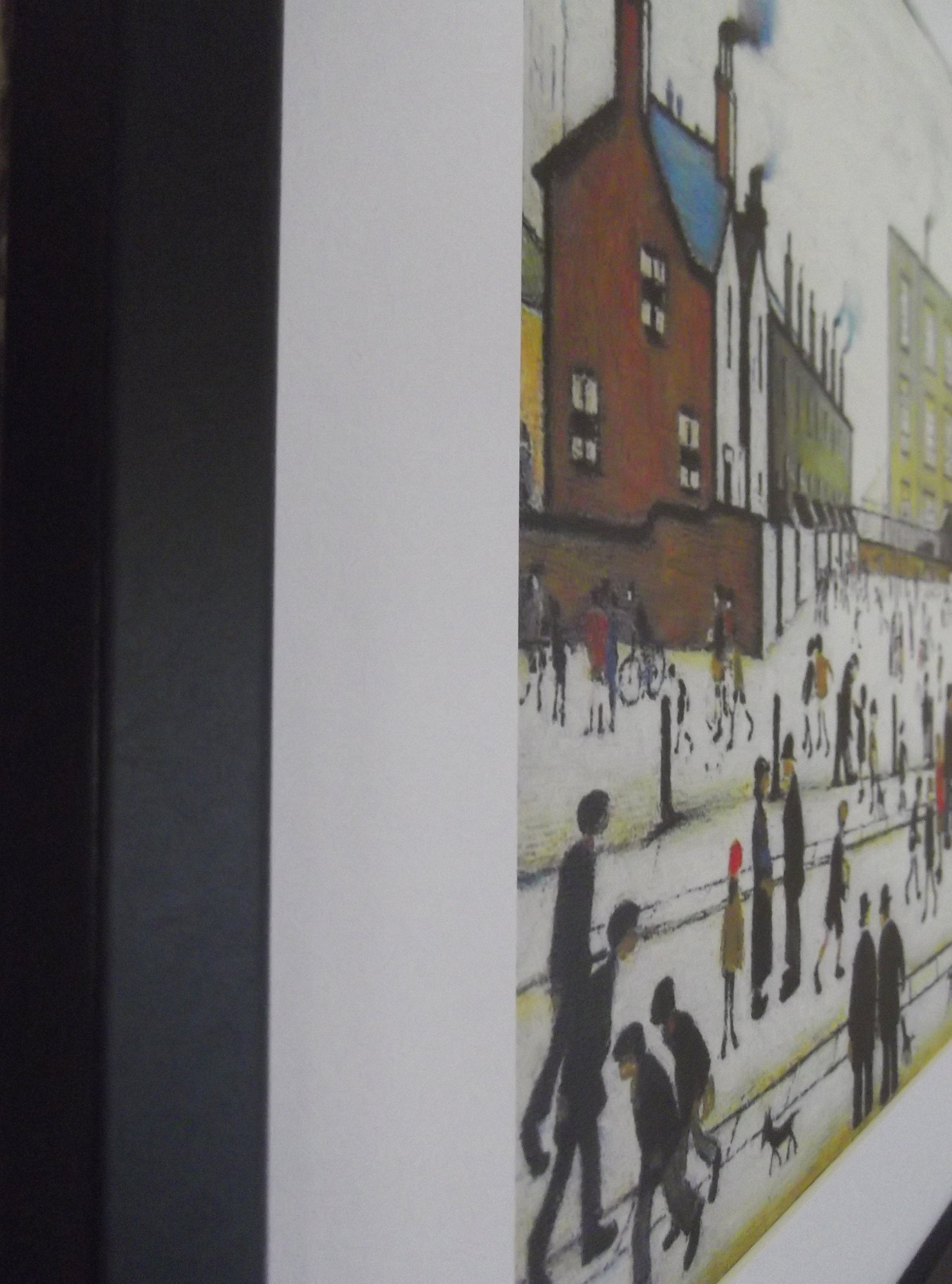 L S Lowry Art Print - Mill Scene With Figures - Satin Black Frame with White mount and Textured Image