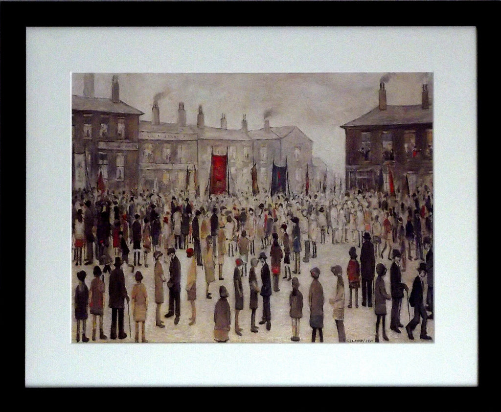 L S Lowry AUTHENTIC Art Print - A Procession - Satin Black Frame with White mount and Textured Image