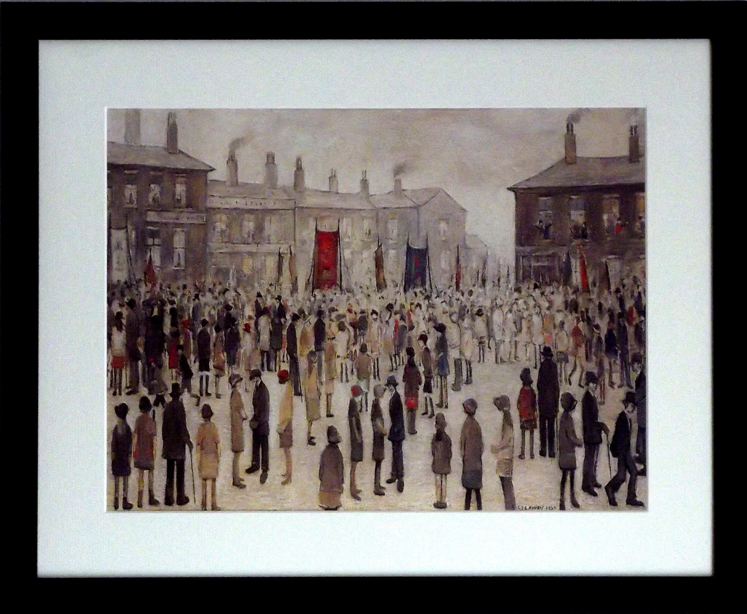 L S Lowry AUTHENTIC Art Print - A Procession - Satin Black Frame with White mount and Textured Image