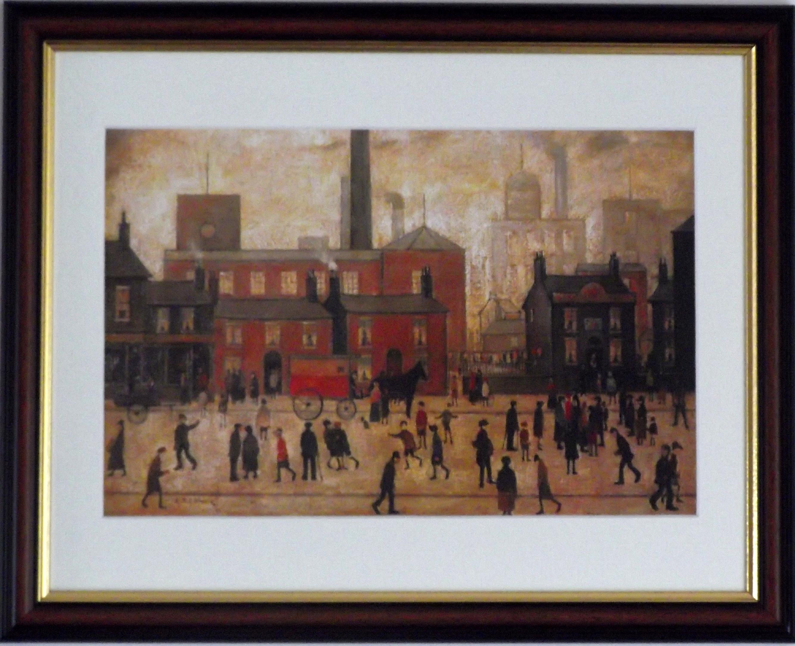 L S Lowry Print – Coming Home From The Mill - Walnut Finish Frame with Mount and Textured Image
