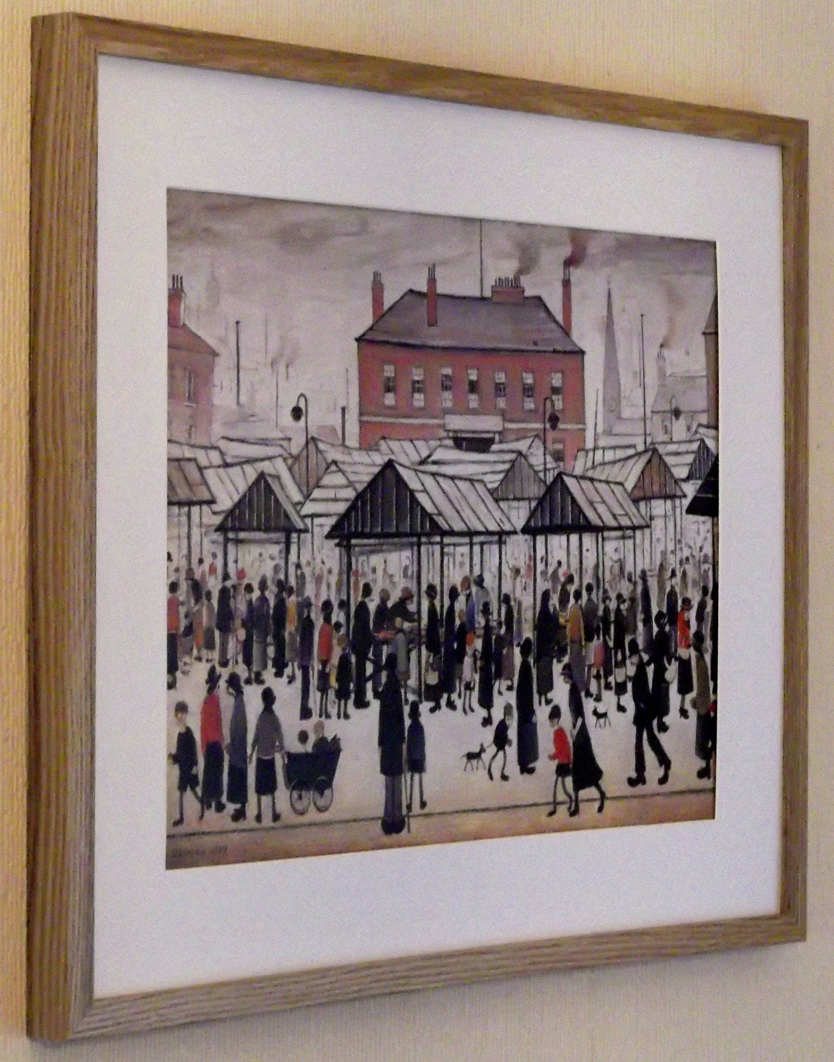 L S Lowry Art Print - Market Scene - Light Oak Finish Frame with White mount and Textured Image