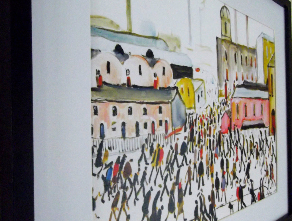 L S Lowry Art Print - Going to Work - Black Frame with White mount and Textured Image