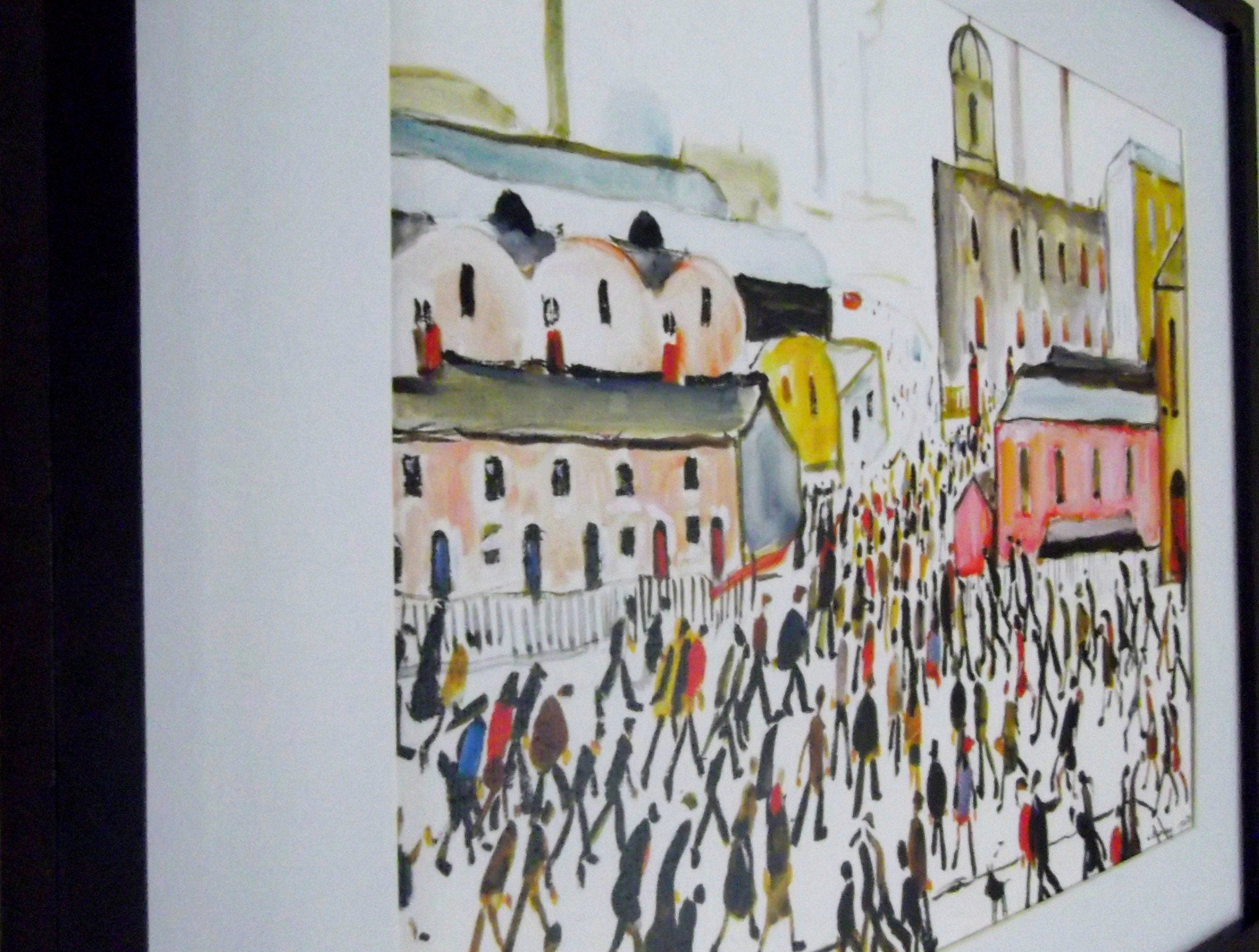 L S Lowry Art Print - Going to Work - Black Frame with White mount and Textured Image