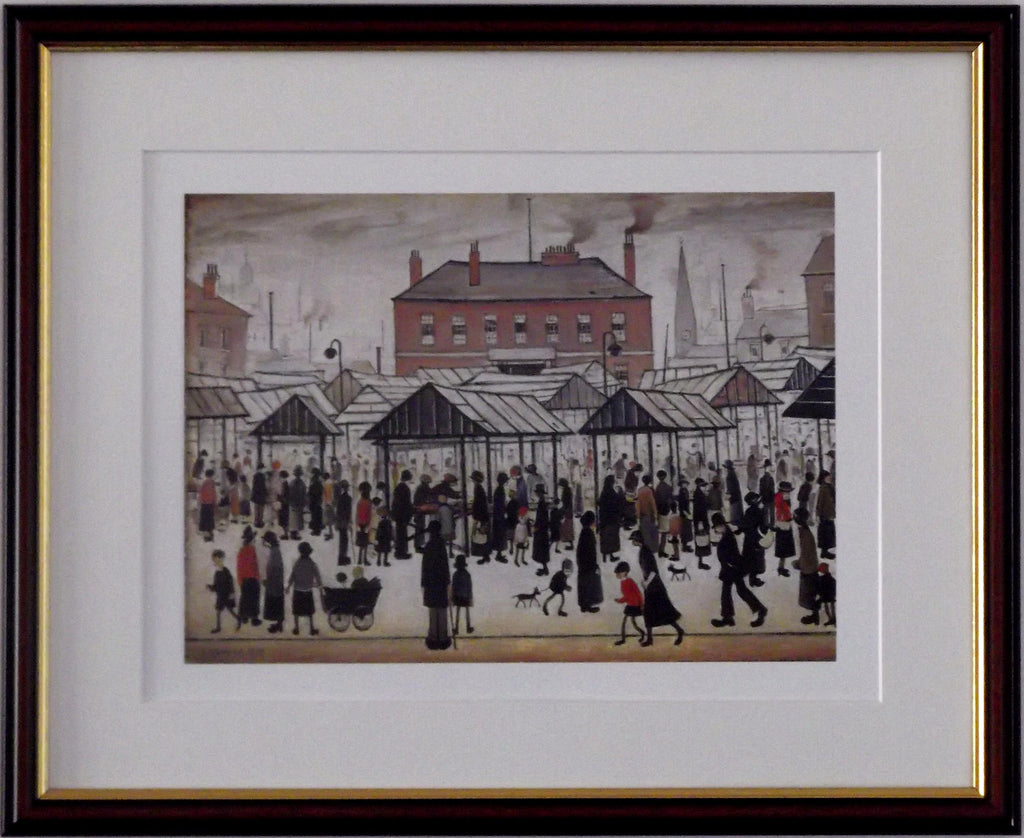L S Lowry AUTHENTIC Print - MARKET SCENE - Walnut Finish Frame with Mount and Textured Image