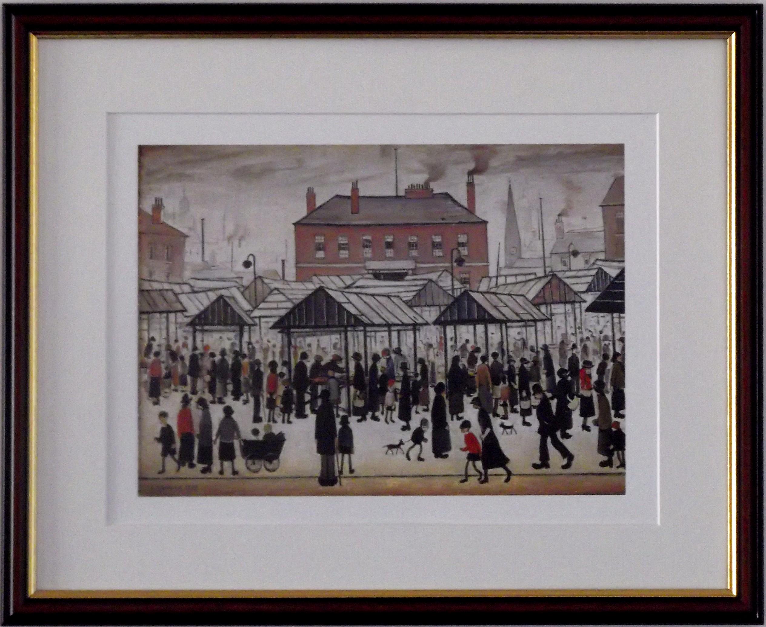 L S Lowry AUTHENTIC Print - MARKET SCENE - Walnut Finish Frame with Mount and Textured Image