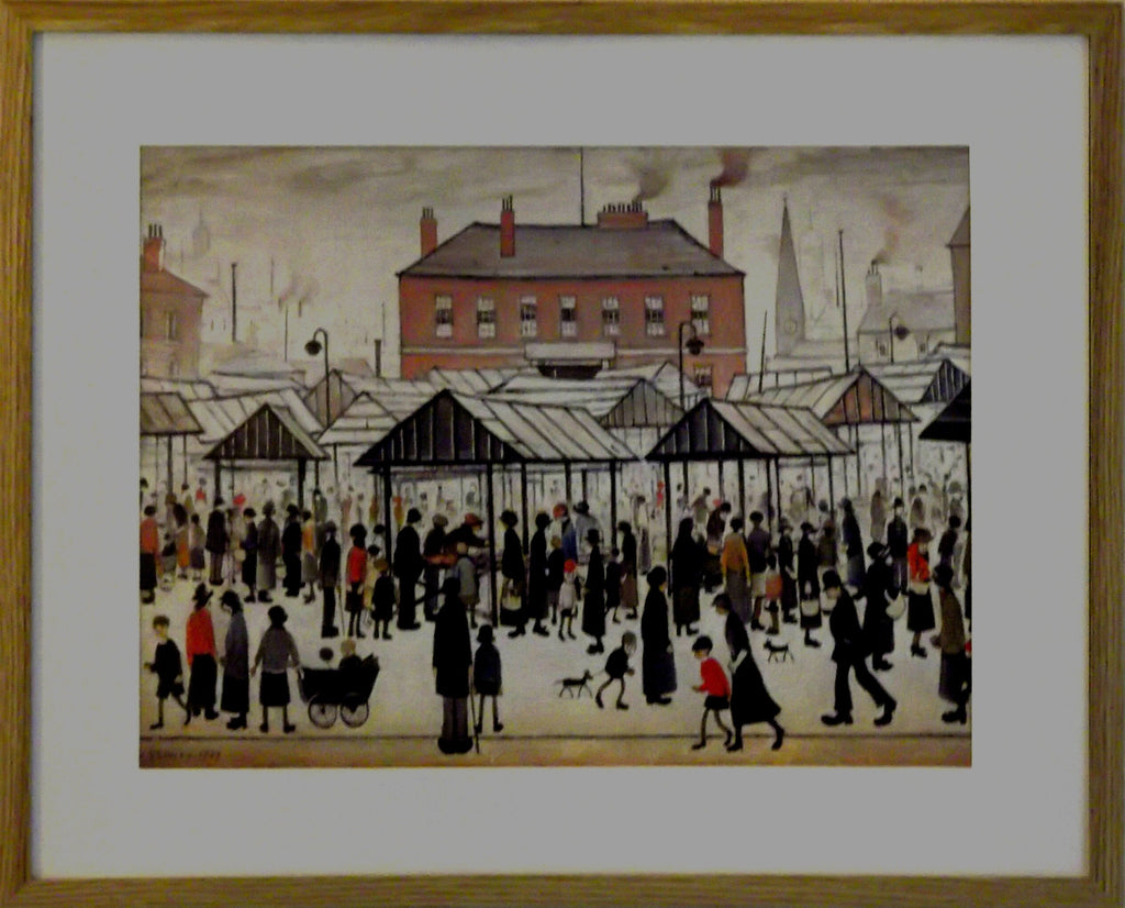 L S Lowry Art Print - Market Scene - Light Oak Finish Frame with White mount and Textured Image