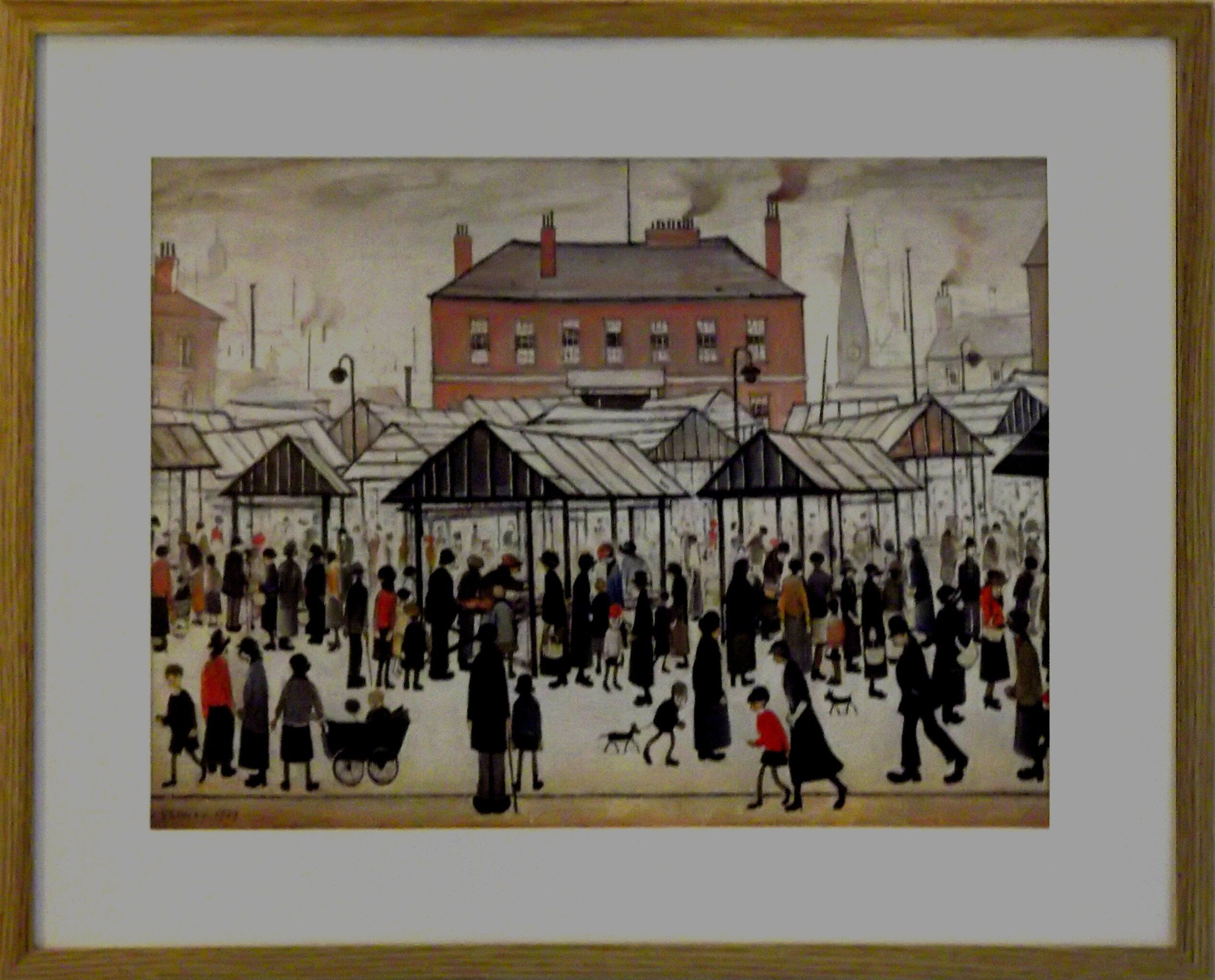 L S Lowry Art Print - Market Scene - Light Oak Finish Frame with White mount and Textured Image