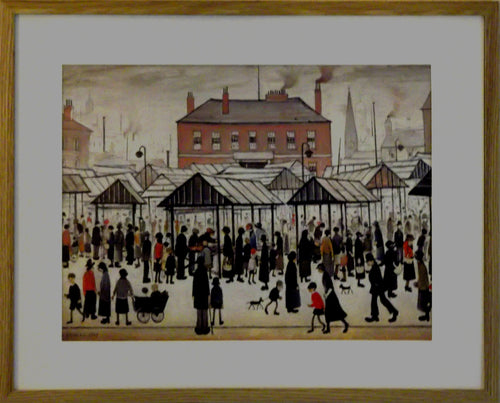 L S Lowry Art Print - Market Scene - Light Oak Finish Frame with White mount and Textured Image