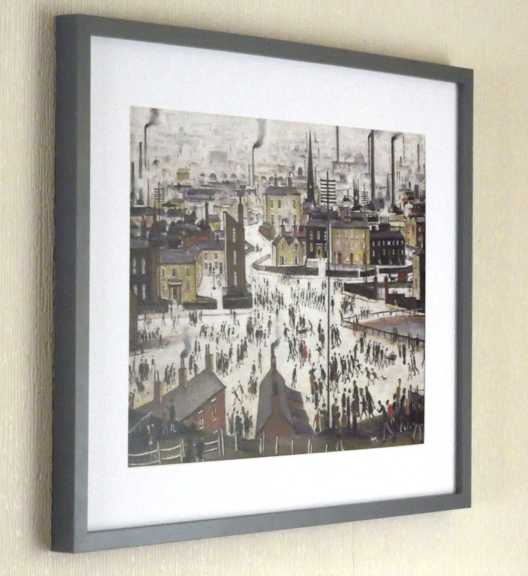 L S Lowry Art Print - A Lancashire Town - Satin Grey Frame with White mount and Textured Image