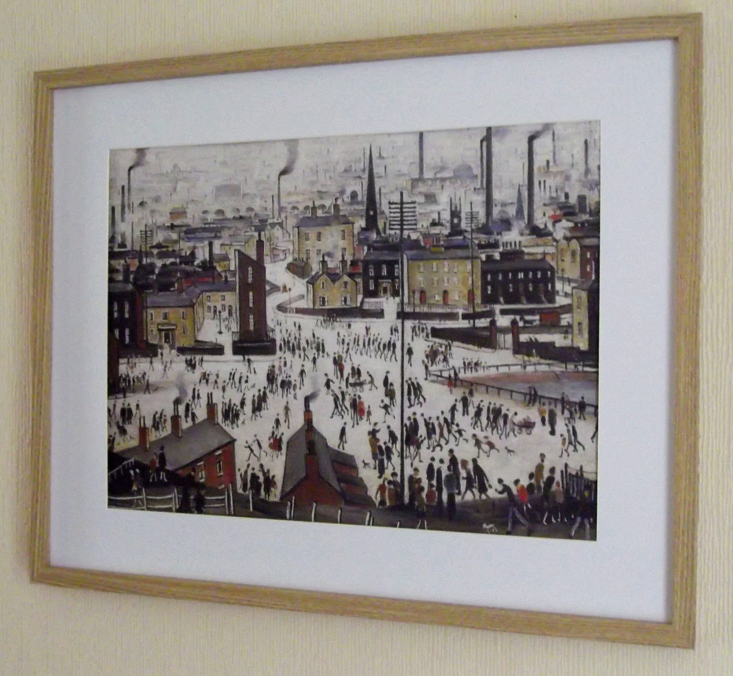 L S Lowry Art Print - LANCASHIRE Town - Light Oak Finish Frame with White mount and Textured Image