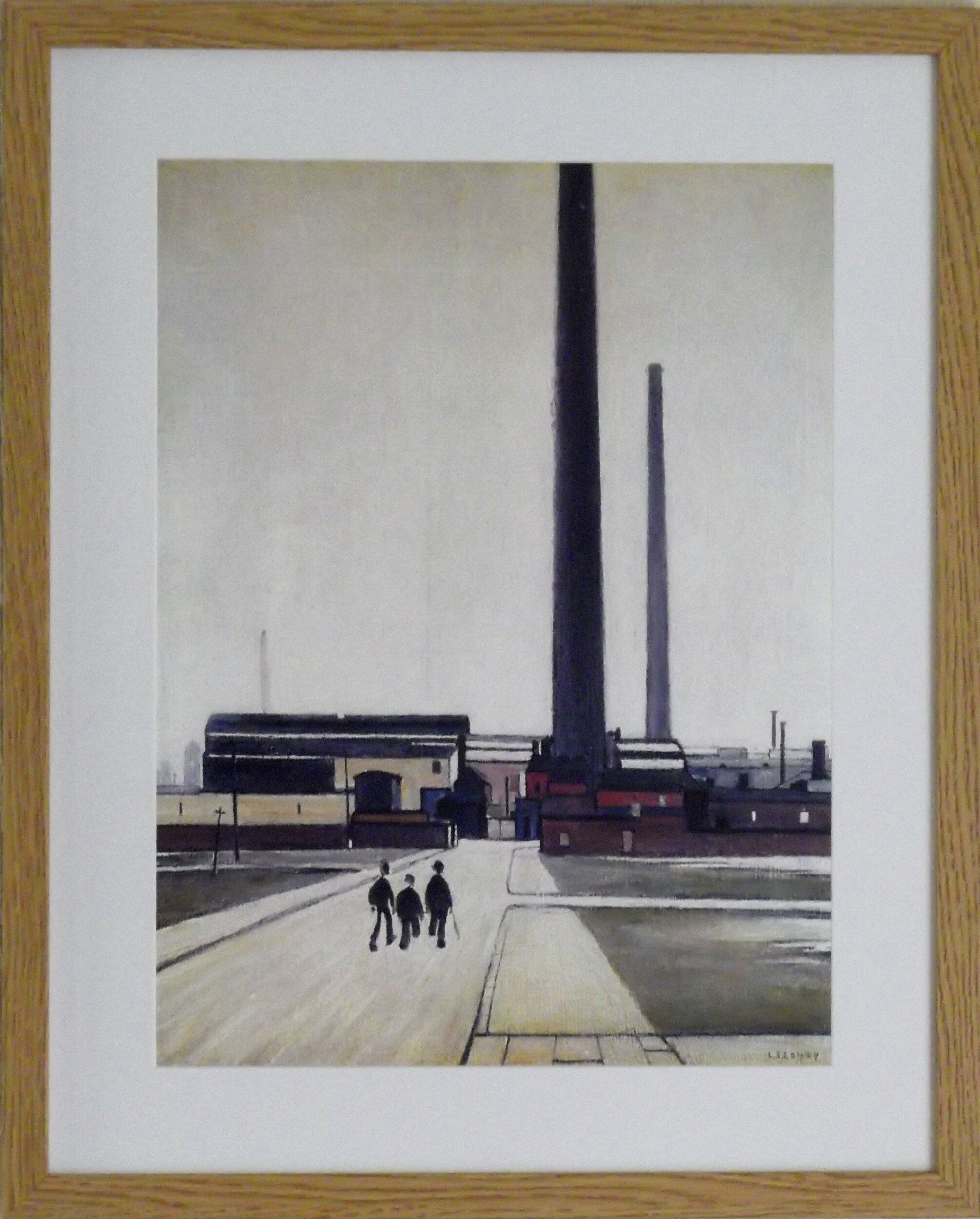 L S Lowry Art Print - Factory at WIDNES - Light Oak Finish Frame with White mount and Textured Image