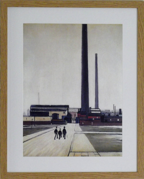 L S Lowry Art Print - Factory at WIDNES - Light Oak Finish Frame with White mount and Textured Image