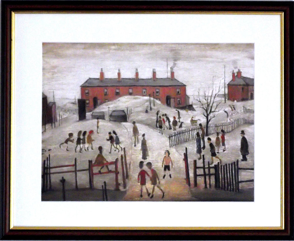 L S Lowry Art Print - School Playground - Walnut Finish Frame with White mount and Textured Image