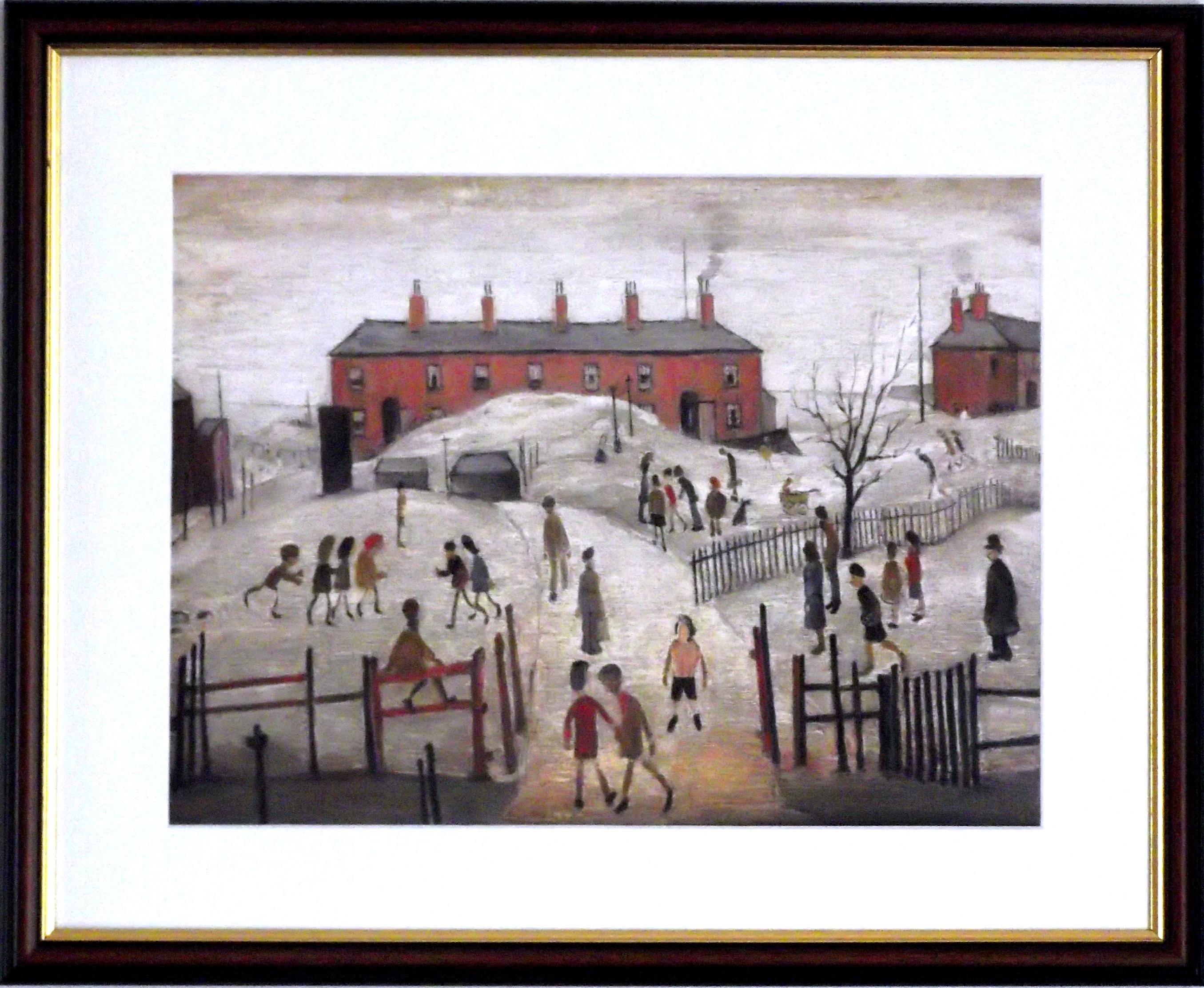 L S Lowry Art Print - School Playground - Walnut Finish Frame with White mount and Textured Image