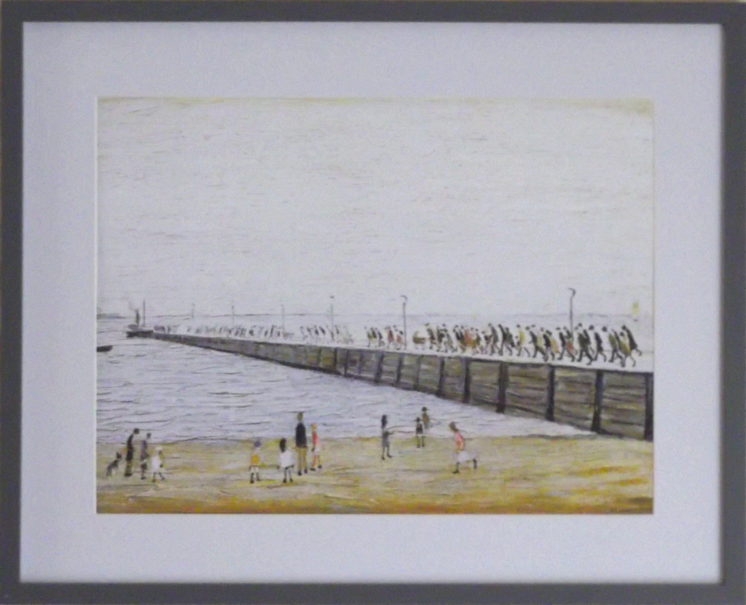 L S Lowry Print - Jetty At Knott End - Grey Frame with Mount and Textured Image