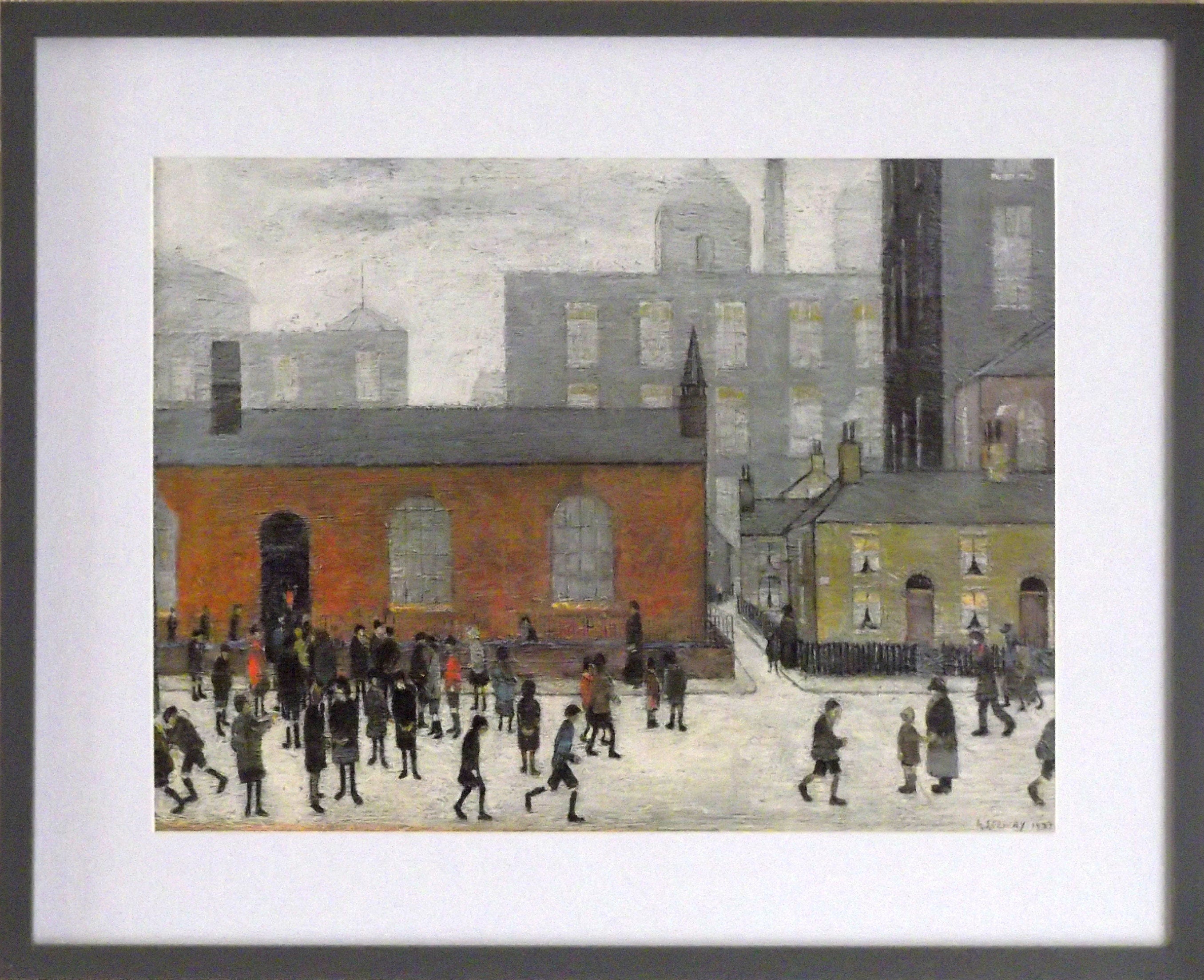 L S Lowry Print – Coming Out Of School - Grey Frame with Mount and Textured Image