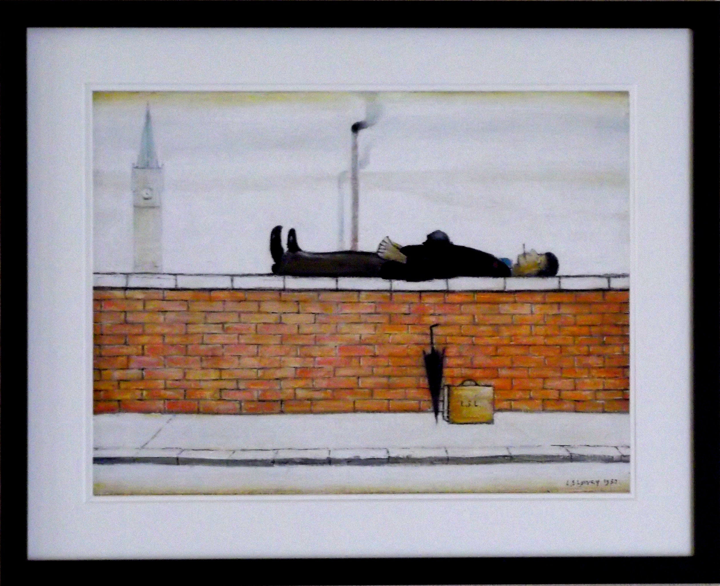 L.S. Lowry Print – Man on Wall - Black Frame with DOUBLE White Mount and Textured Image