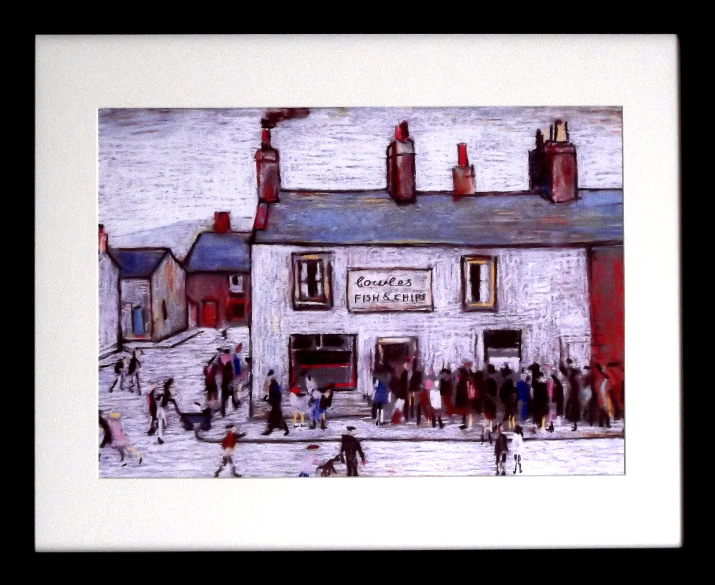 L S Lowry Print - CHIP SHOP - Black Frame with White Mount and Textured Image