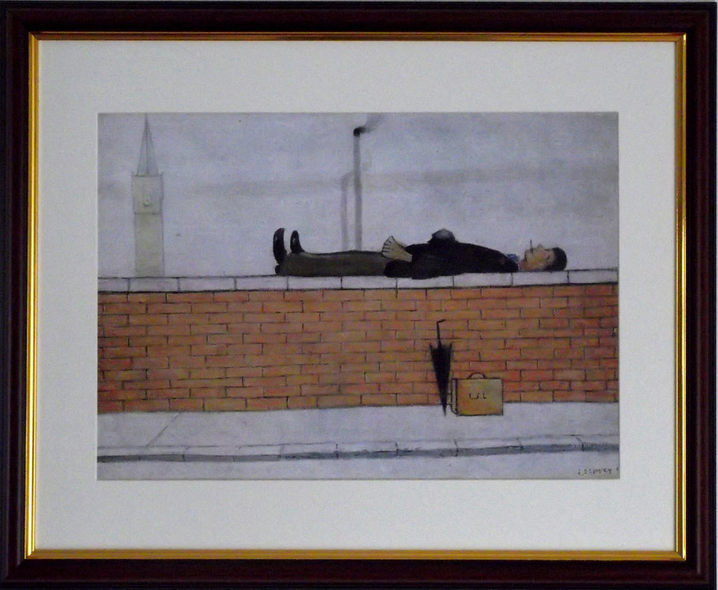 L S Lowry Print - Man on a Wall - Walnut Finish Frame with White Mount and Textured Image