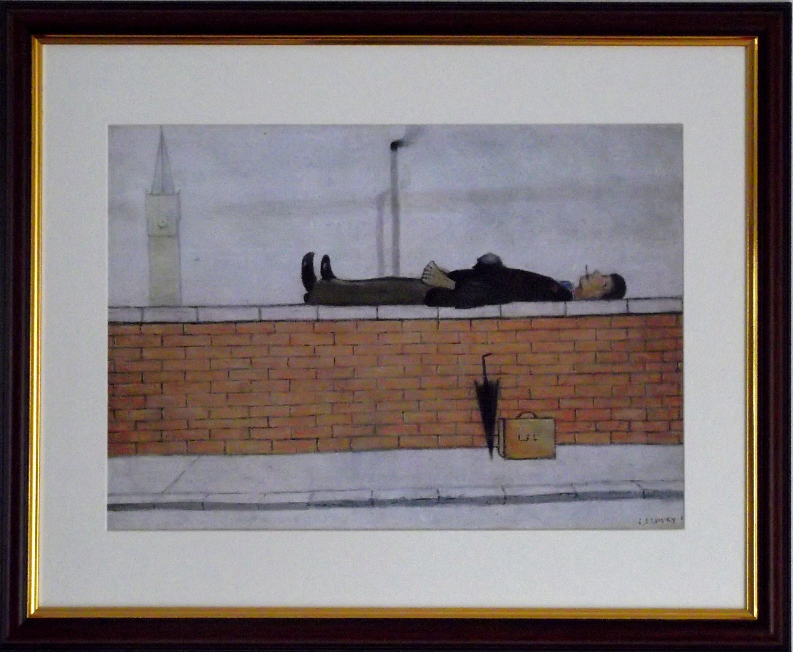 L S Lowry Print - Man on a Wall - Walnut Finish Frame with White Mount and Textured Image