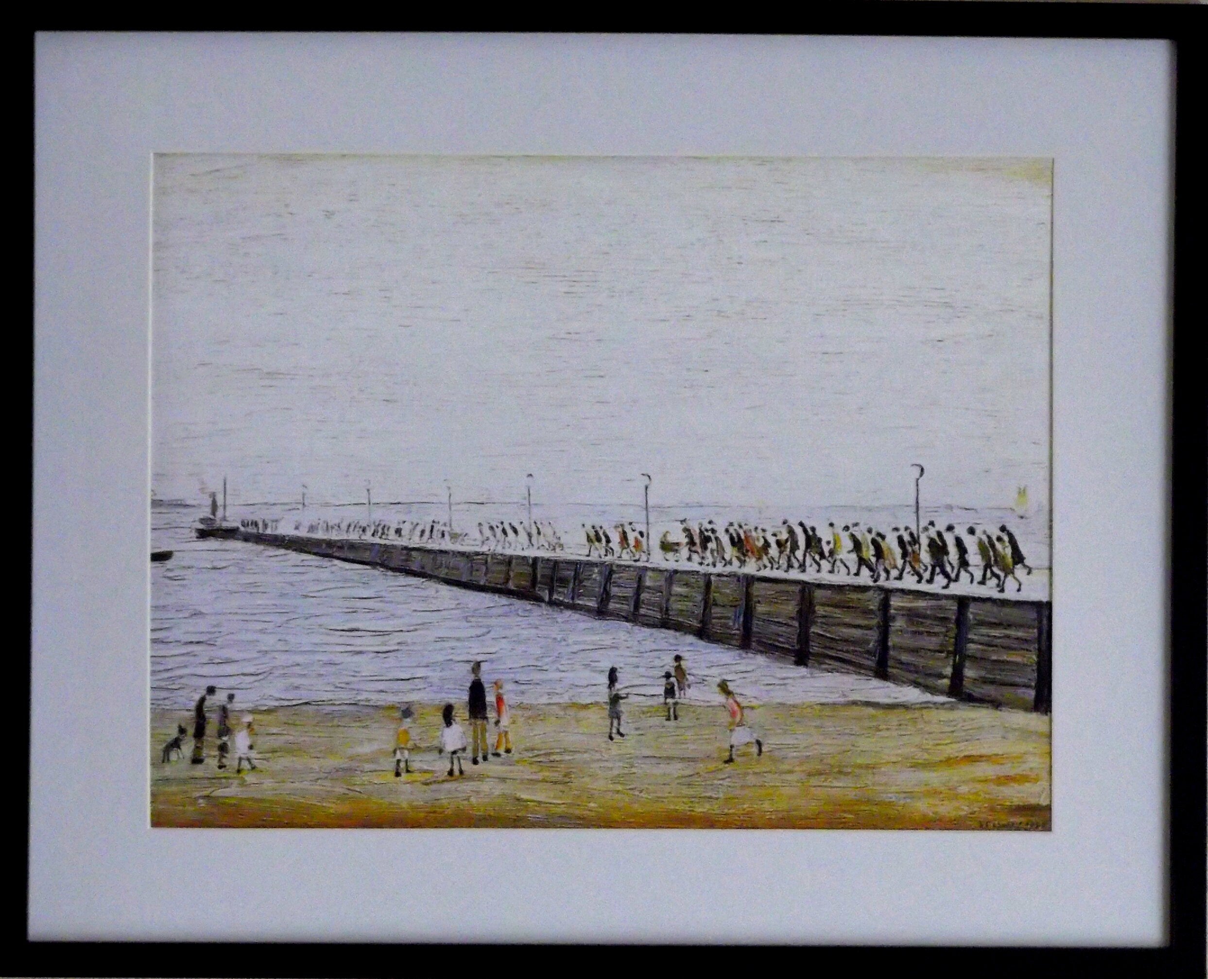 L S Lowry Print - Jetty at Knott End - Black Frame with Mount and Textured Image