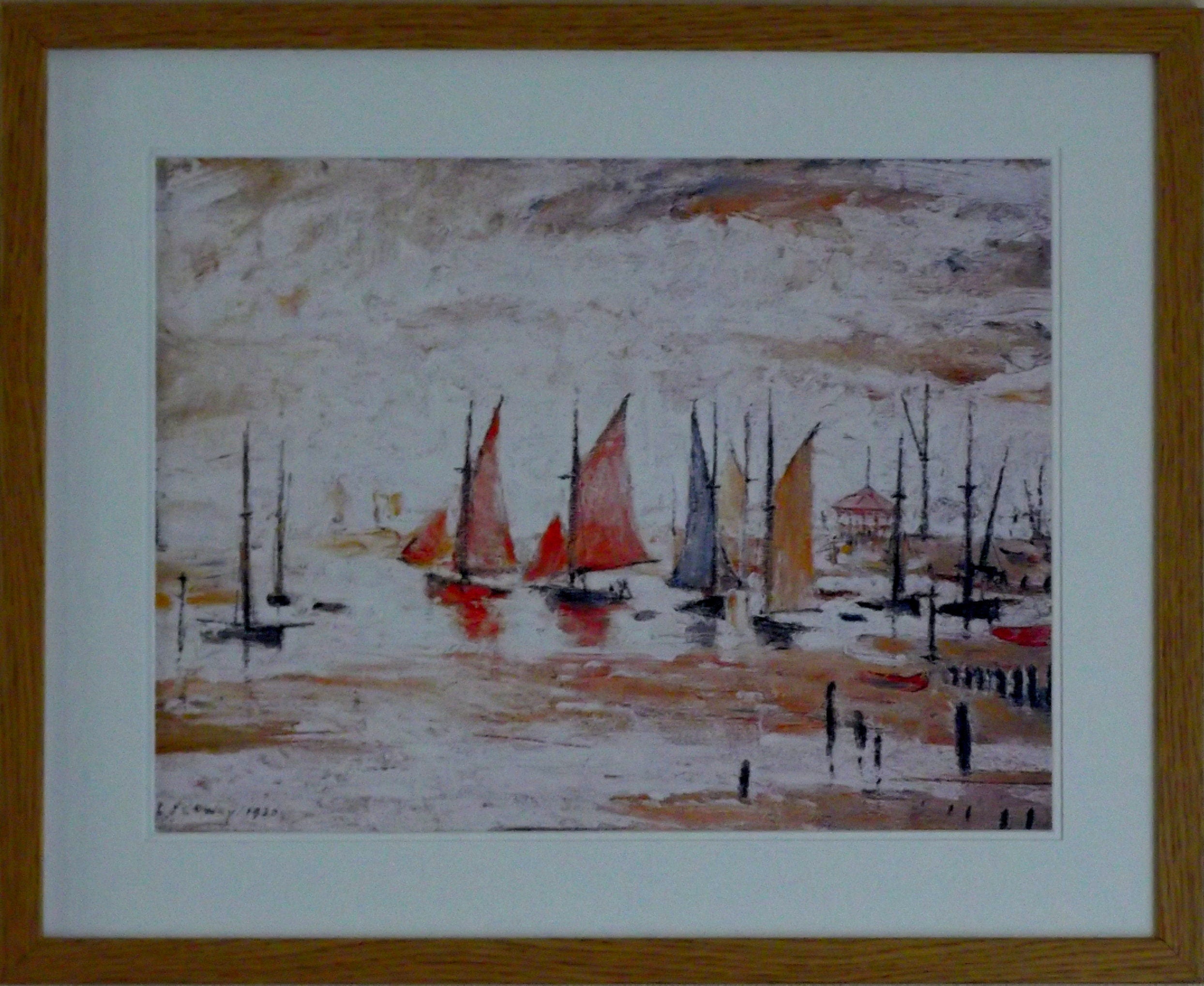 L S Lowry Art Print - SAIL BOATS - Light Oak Finish Frame with DOUBLE White mount and Textured Image