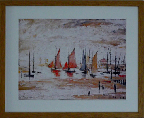 L S Lowry Art Print - SAIL BOATS - Light Oak Finish Frame with DOUBLE White mount and Textured Image