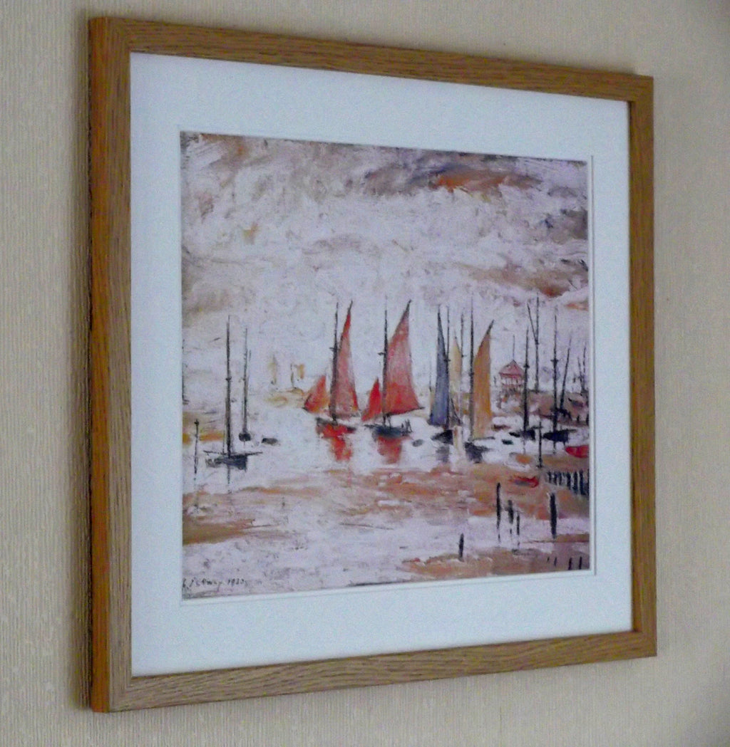 L S Lowry Art Print - SAIL BOATS - Light Oak Finish Frame with DOUBLE White mount and Textured Image
