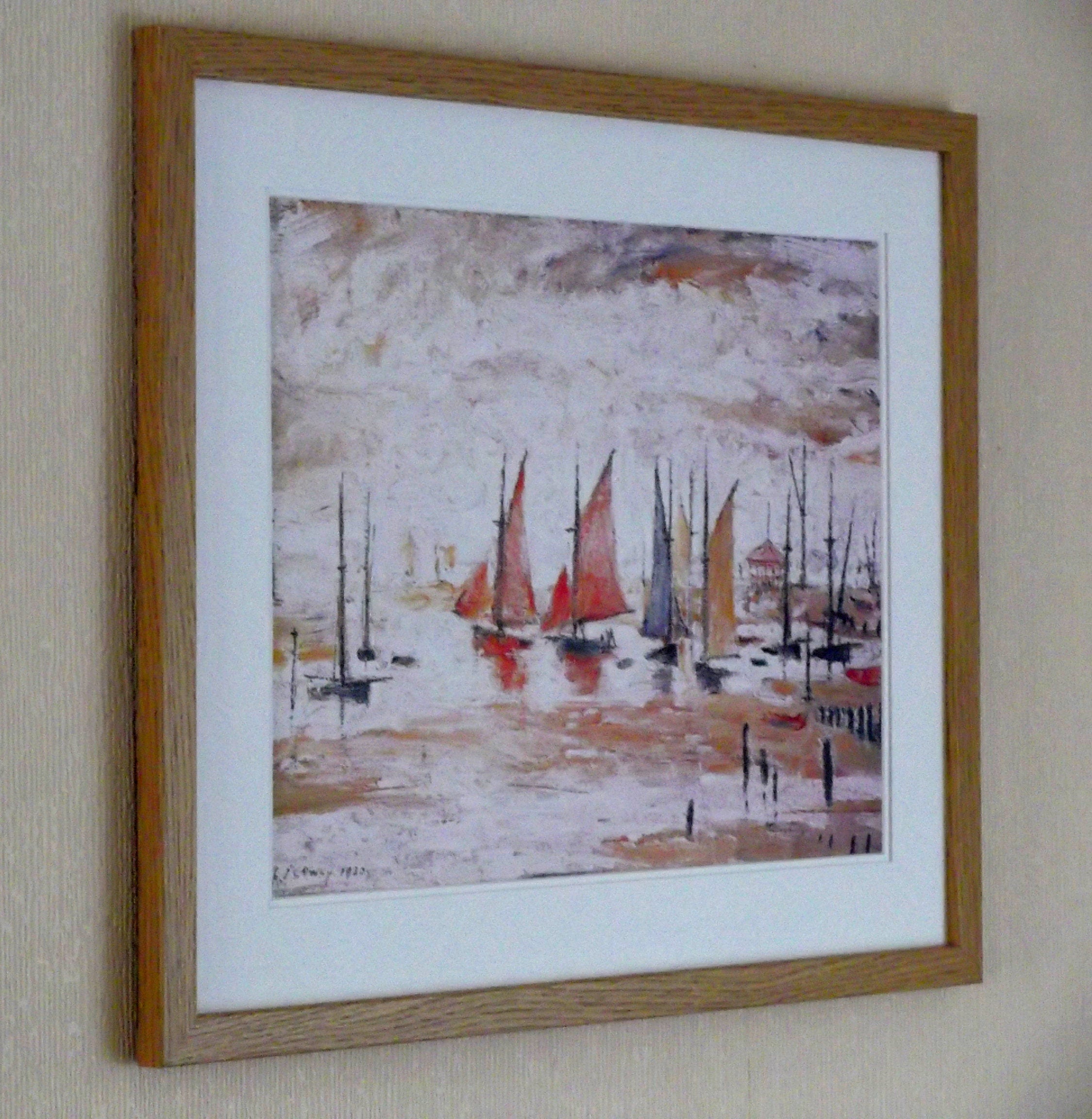L S Lowry Art Print - SAIL BOATS - Light Oak Finish Frame with DOUBLE White mount and Textured Image